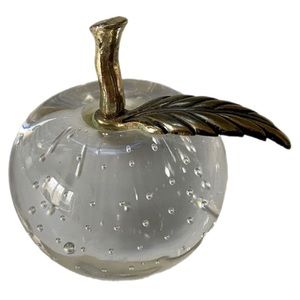 Vintage Glass Paperweight Apple With Brass Stem